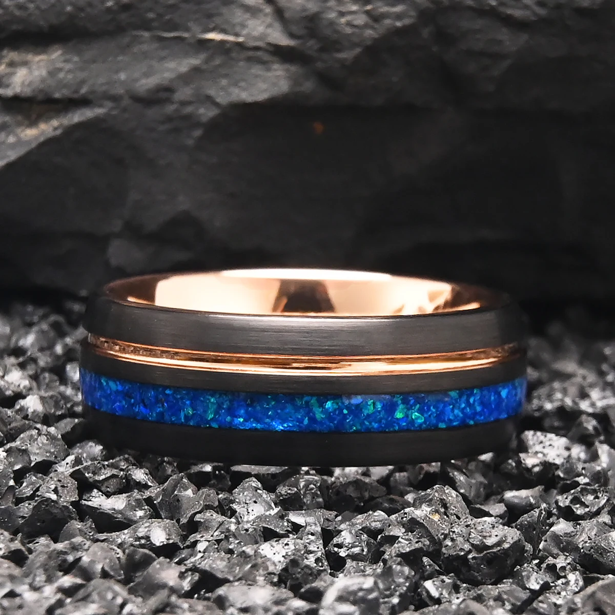 8mm Tungsten Carbide Rings for Men and Women rosegold Groove with Blue Opal Men\'s Wedding band fashion Comfortable to Wear