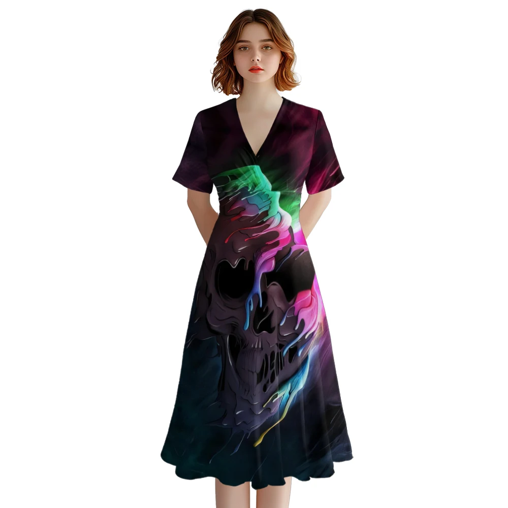 Gaun musim panas bergaya pesta mode Retro wanita leher V gaun A-Line gaun Maxi gaun Streetwear gaun gadis Vestido elegan jubah