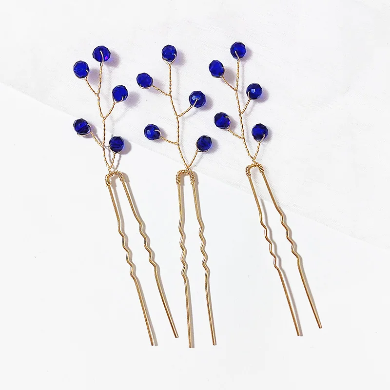 3 قطعة دبابيس الشعر اللؤلؤ حلية شعر U-شكل شوكة الزفاف إكسسوارات الشعر مقاطع الشعر دبوس الشعر اللون الأزرق مطرز الشعر عصا