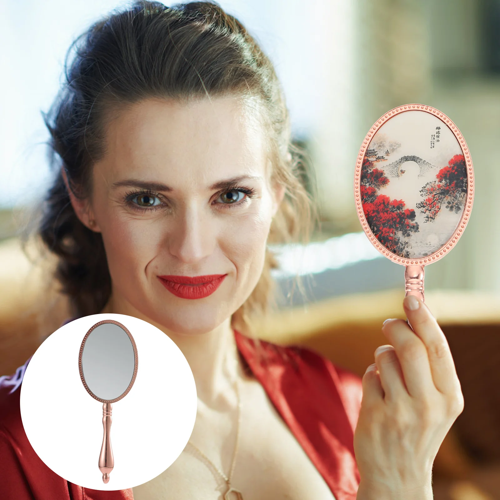 

Zinc Alloy Vintage Handheld Makeup Mirror Compact Portable Lightweight Clear Reflective Surface Chic Travel Handheld