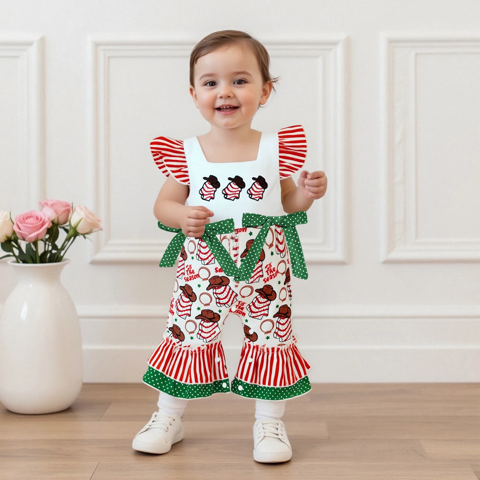 طفلة عيد الميلاد رومبير عارضة نقطة / الطباعة الغربية لطيف القوس يطير الأكمام بذلة للملابس لطيف الوليد #2