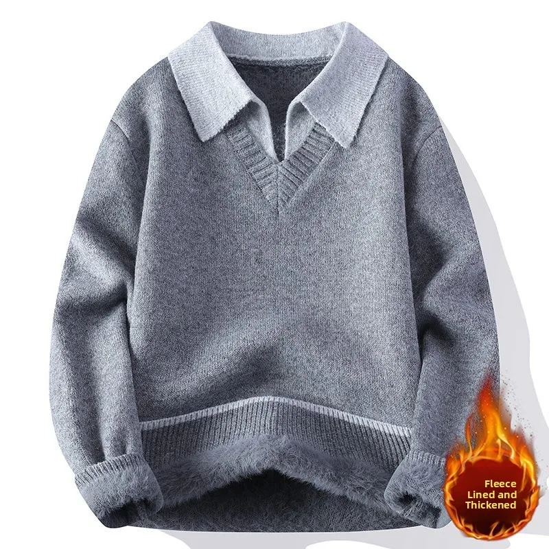 

Мужской трикотажный свитер с воротником на флисовой подкладке, свободного кроя, повседневный, комфортный, дышащий, теплый, для осени и зимы, базовый слой