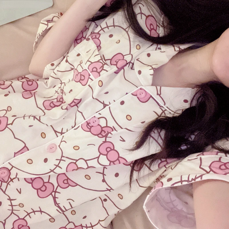 Sanrio Hello Kitty Sweet Cute Women Short pigiama Set Y2k Loose Oversize Pink Pijamas New Korean Cartoon Student Homewear Set