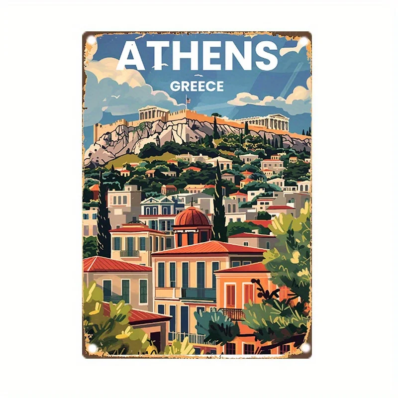 Vintage Iron Tin Sign: Athens, Greece - es - Home Garden Bar Farm Office Wall Decoration - Artist's Drawing Set - Iron Artwork