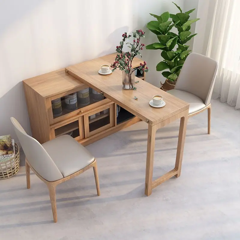 Solid Wood Folding Dining Table Sideboard Cabinet Integrated Foldable Retractable Bar Cabinet Small Apartment Home Dining Space