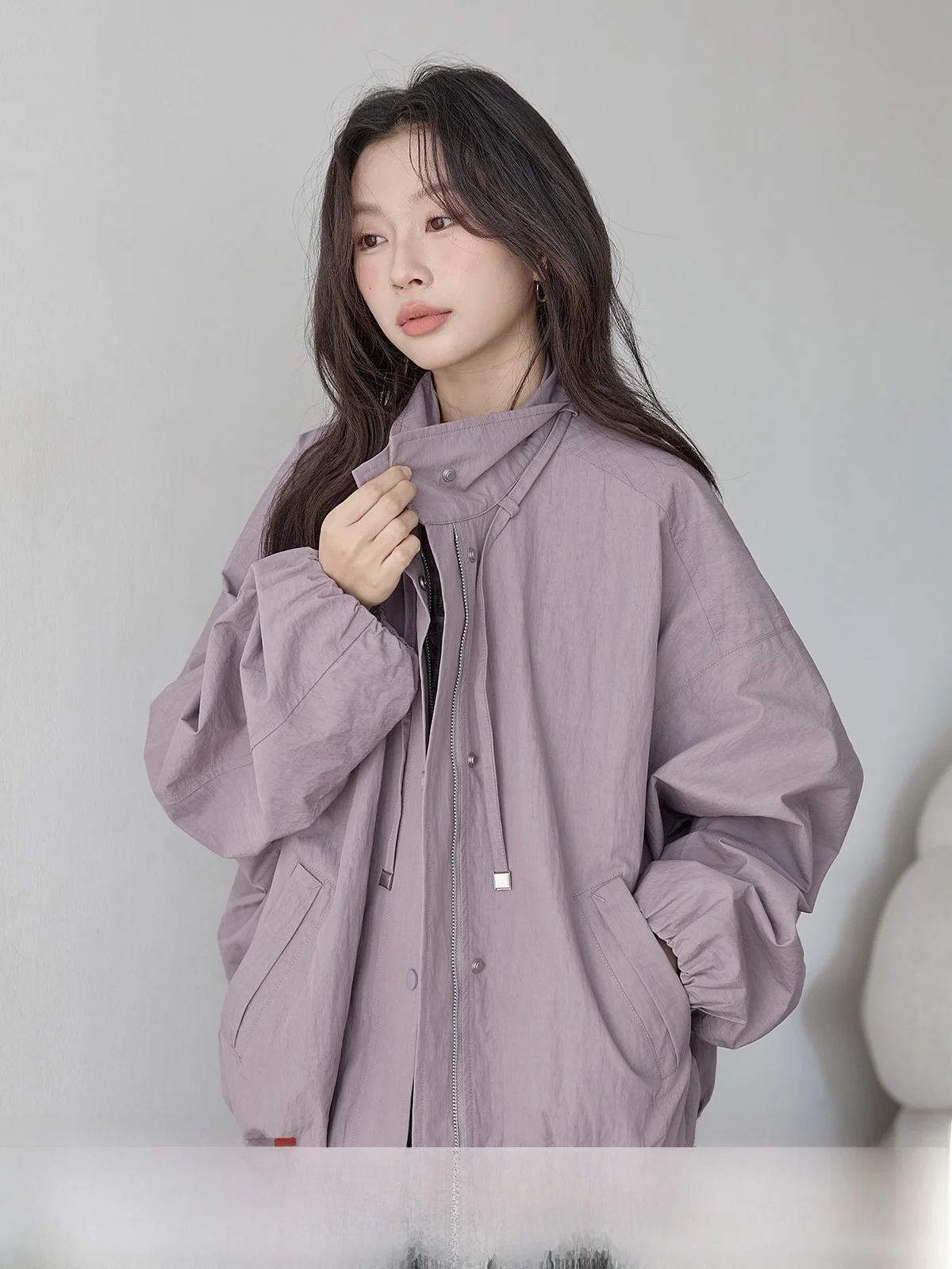 

HuiXi Purple Stand Collar Jacket Women's Spring 2026 New Splice Design Sense Versatile Coat Commute Style Loose Fit Zipper De...