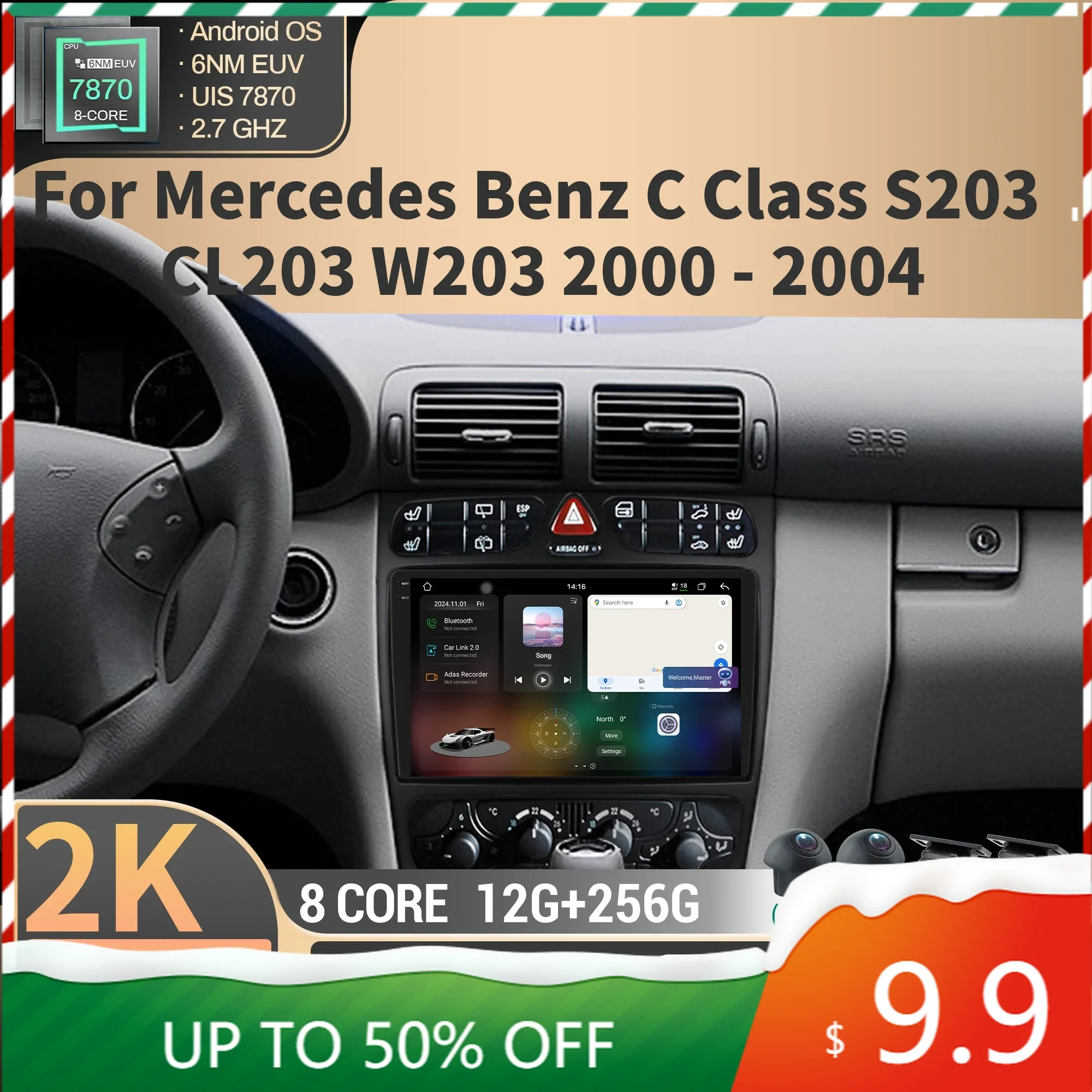 For Mercedes Benz C Class S203 CL203 W203 2000 2001 2002 2003 2004 Multimedia GPS Android Carplay 4G CPU 7870 2K QLED Screen