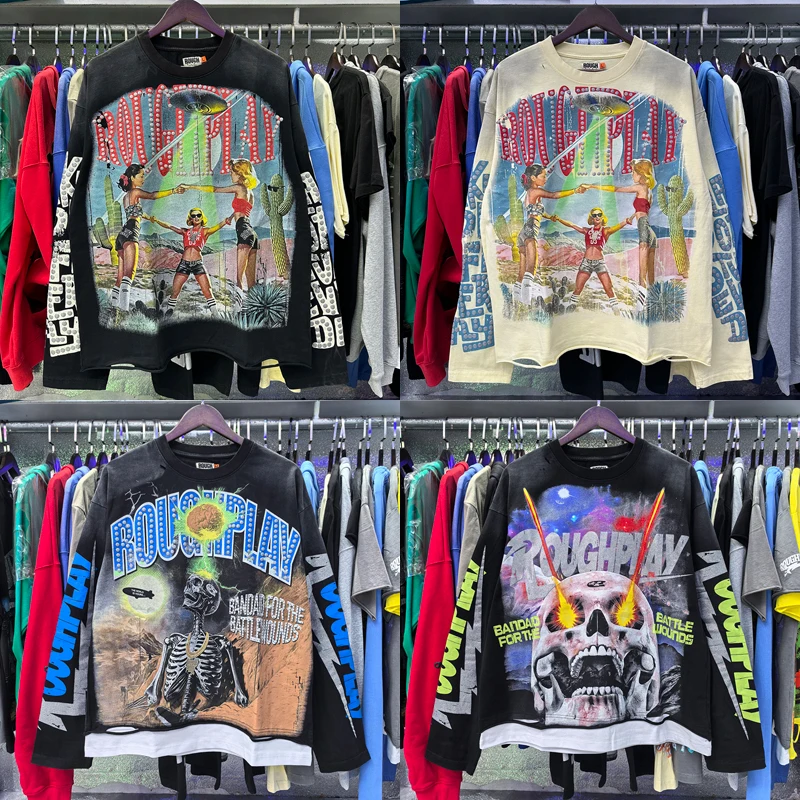 

Men Women American Fashion Streetwear High Quality Cotton Rough Play Long Sleeve Tops Real Pictures ROUGHPLAY T-shirts
