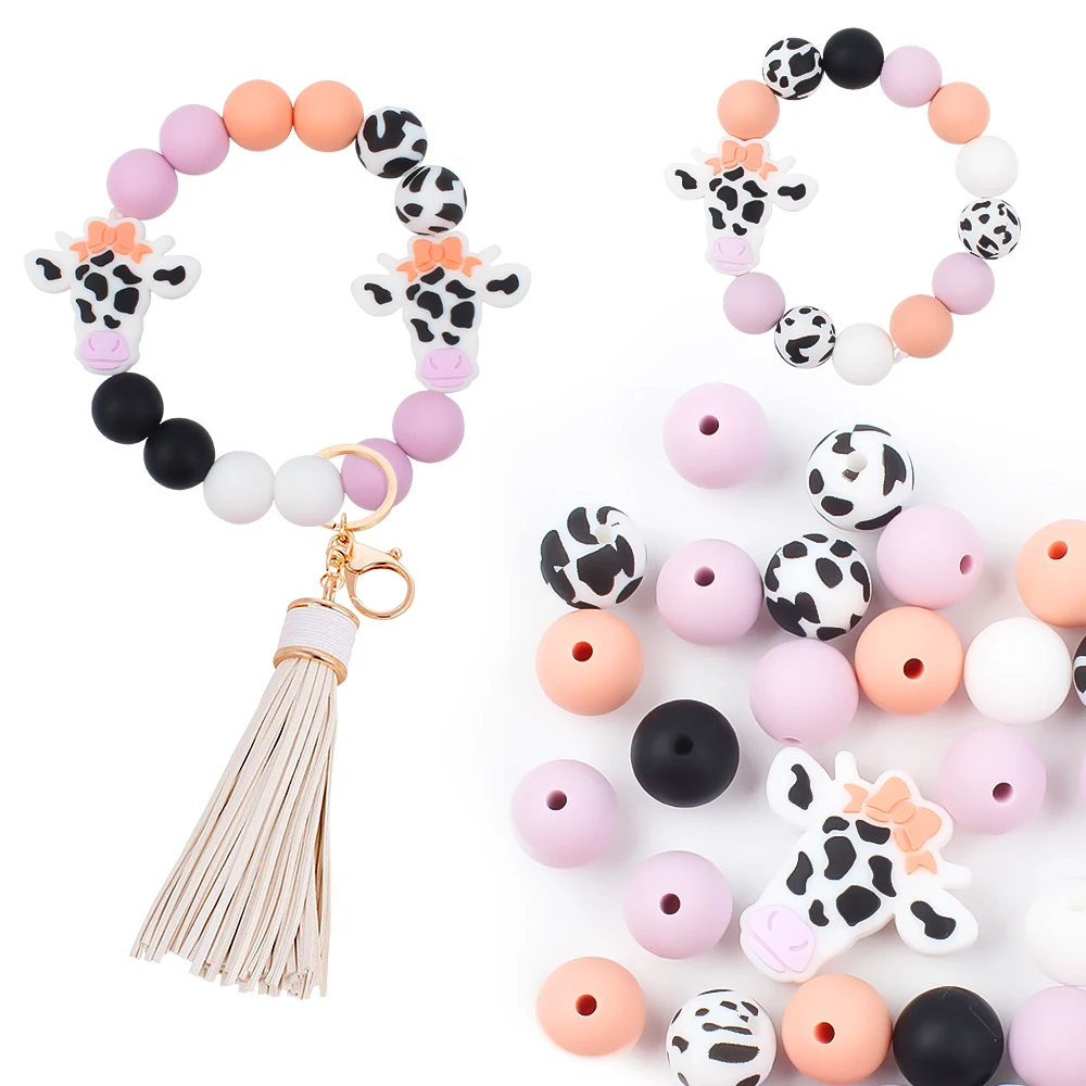 52Pcs/lot Cute Coloured Cow Silicone Beads Set Loose Beads for DIY Chain Jewelry Making Keychain Necklace Bracelet Accessories