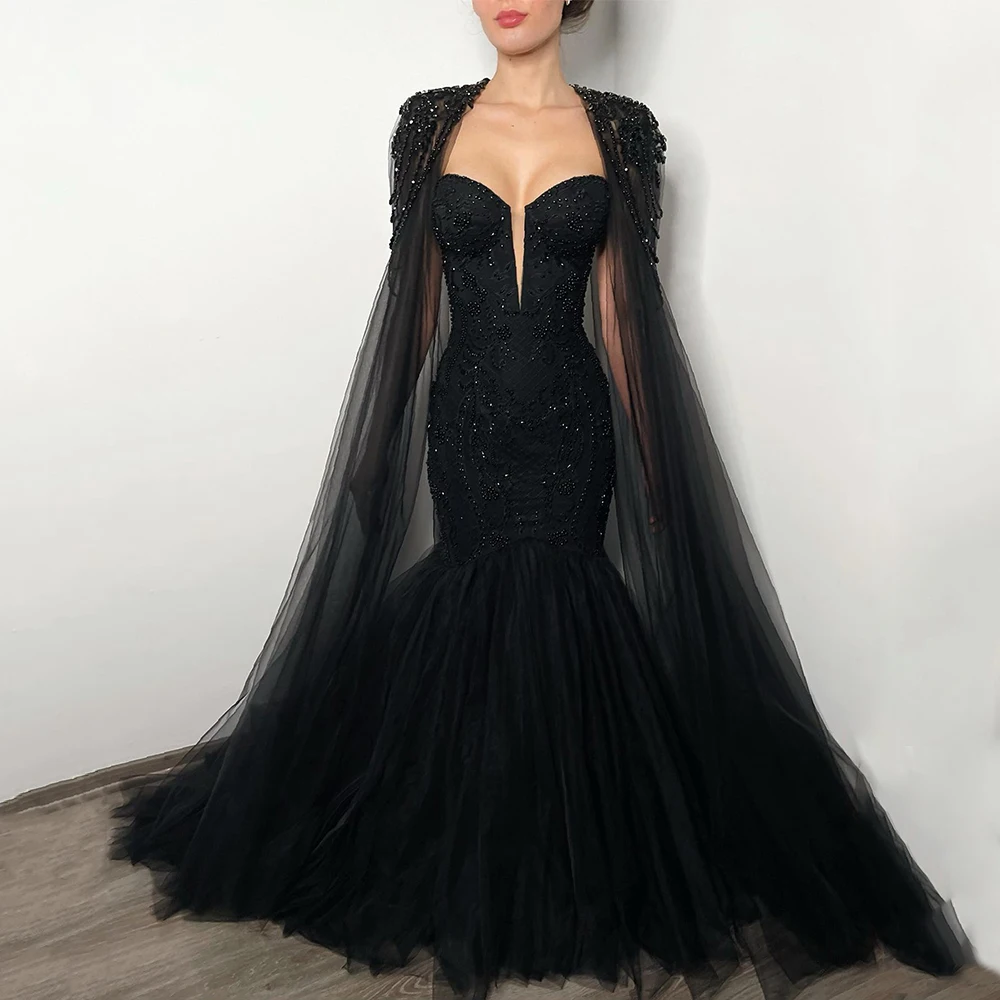 Vestido de novia de sirena de lujo, personalizado, con perlas, capa desmontable, apliques de corazón, diamantes de imitación, vestido de novia gótico negro