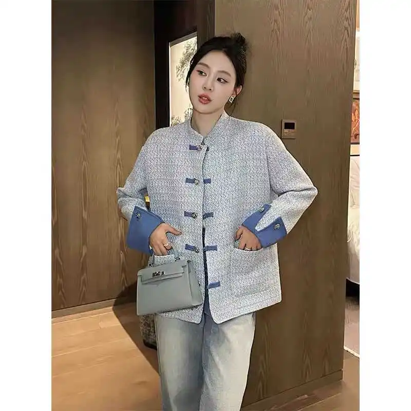 

Ele New Chinese Sle Tang Suit Jaet with Buttoned Lapel Color Blo Woolen Coat Early Spring 2024 Faion Ladies' or...
