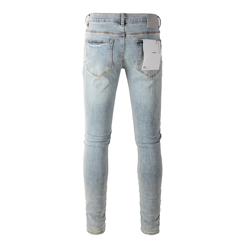 Summer's Men's Light Blue Streetwear Distressed Skinny Splash Paints Holes Button Fly Ripped Jeans Pants