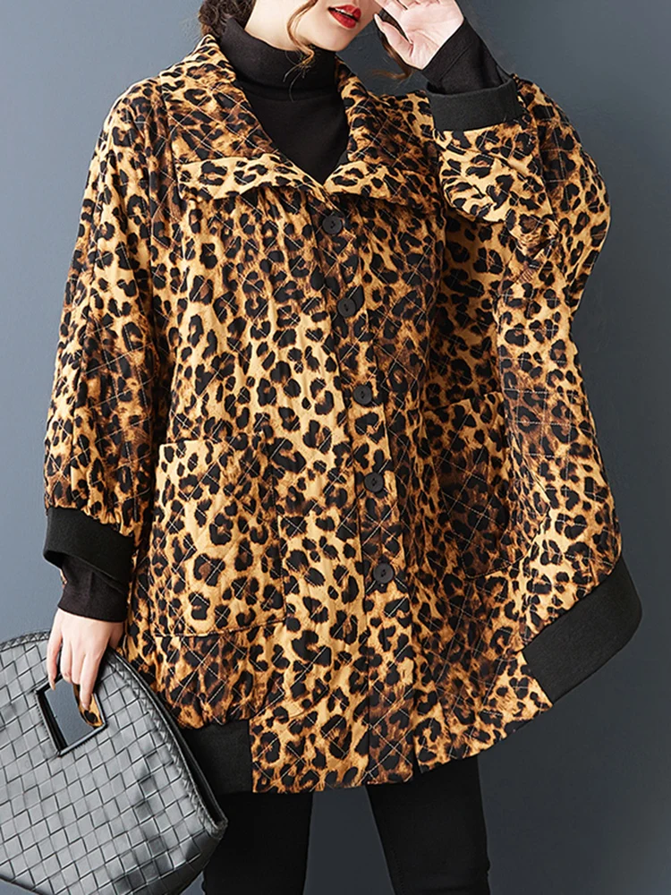 綿オーバーサイズヴィンテージヒョウ柄アウターウェア女性用コート新作長袖カジュアルルーズジャケットコート衣料品秋春2025