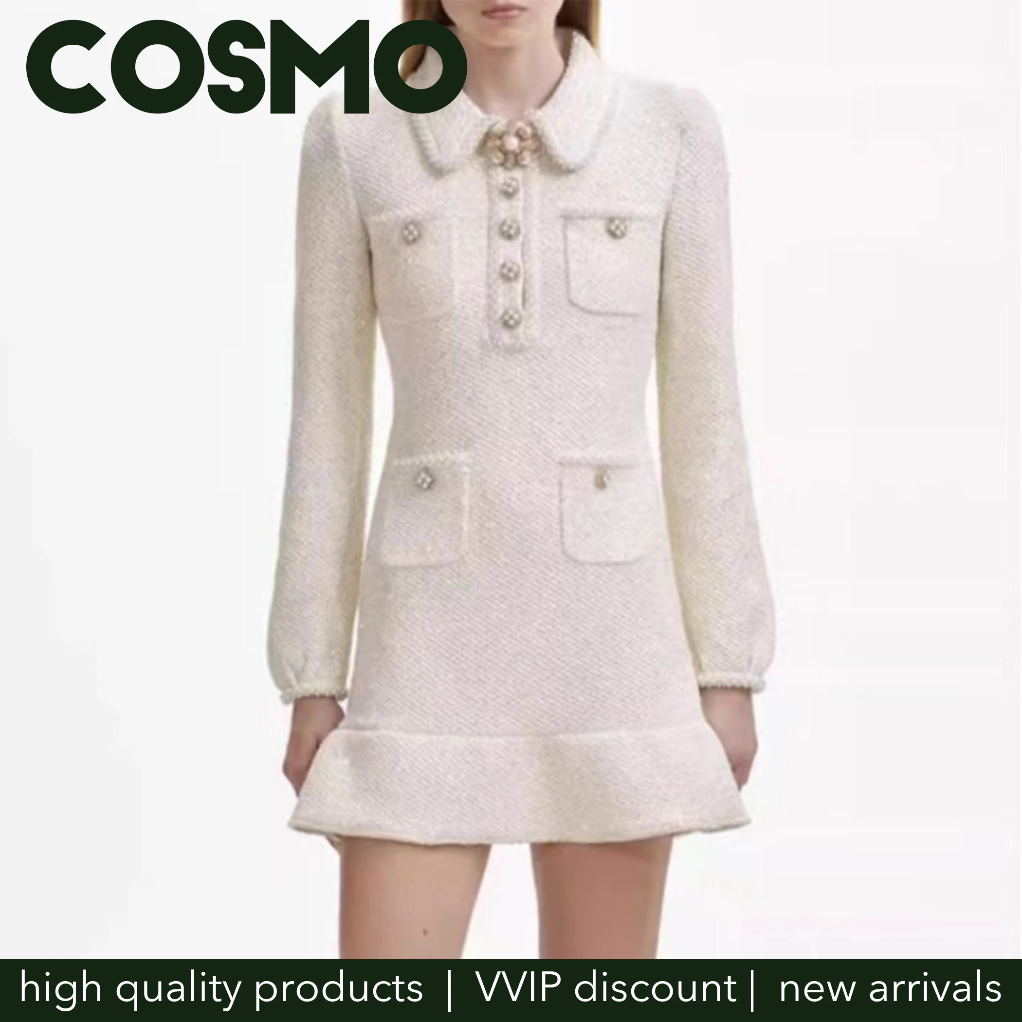 Cosmo 2024 Fall Winter Vintage Dress for Women Knit Outwear Jacket Dress High Quality Warm Classic Paris Fashion Female