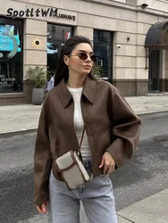 Women Vintage Brown Short Woolen Blend Coat Elegant Lapel Long Sleeve Zipper Cropped Jacket Fashion Autumn Lady Street Outerwear