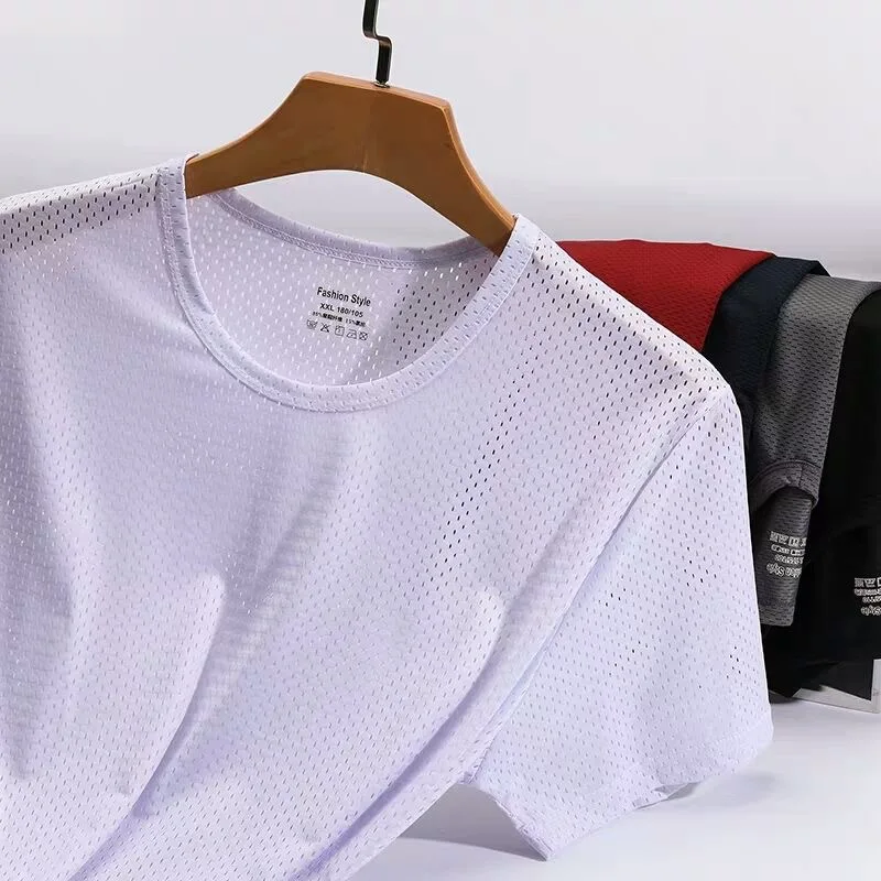 Ice Silk Running T-Shirt Men Comfortable Breathable Sweat-absorbing Fitness Tees Thin Mesh Casual Light Quick Drying T Shirts