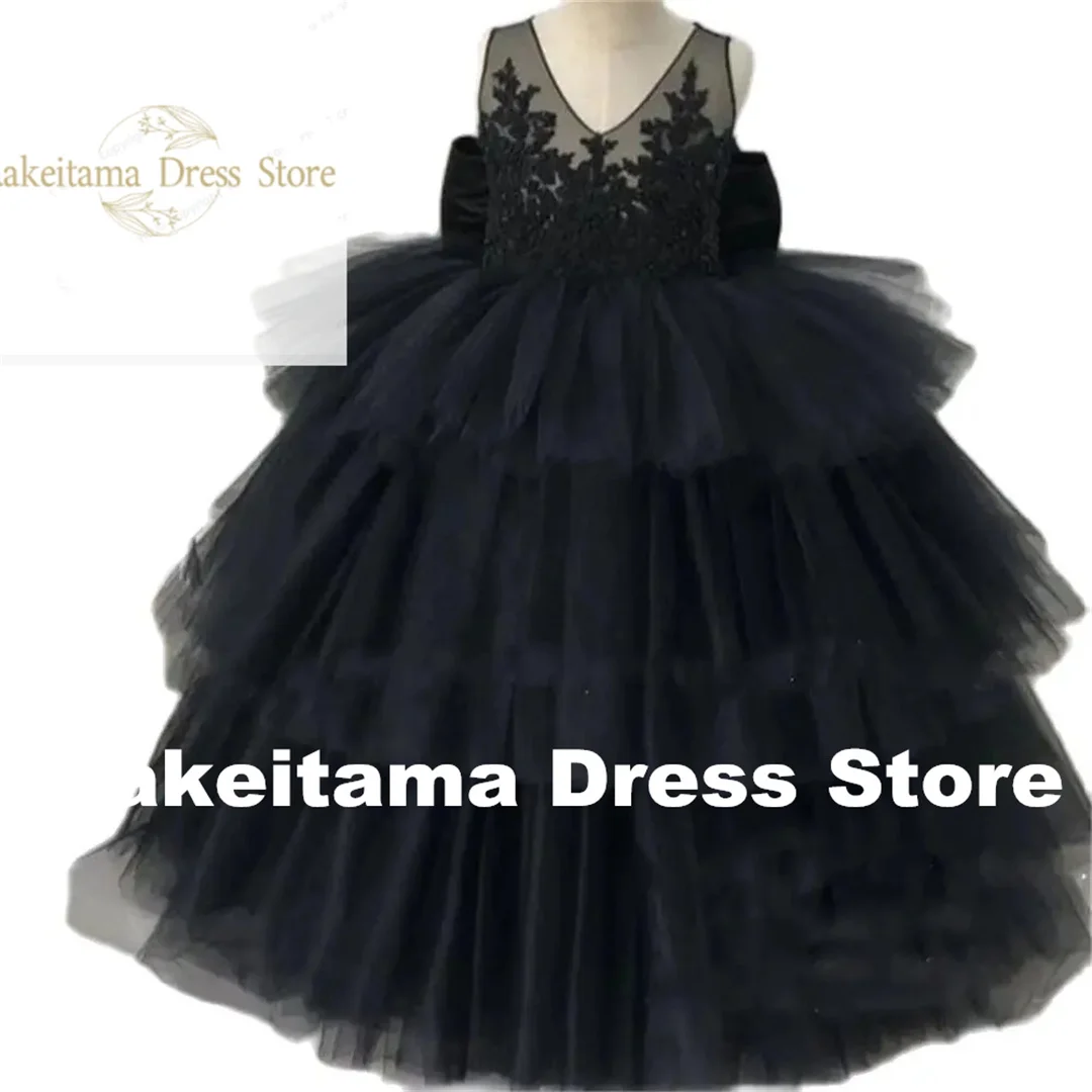 Customization Flower Girls Dress Elegant Black Black Tulle Party Bow For Wedding Children Birthday Gift Princess Lace First Comm