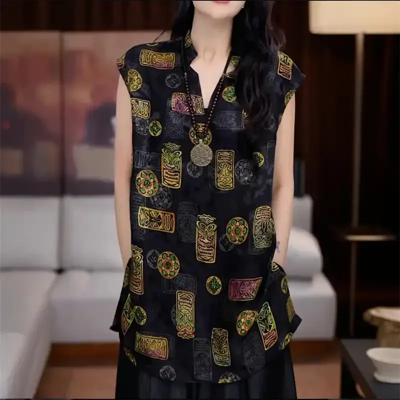 

Женская винтажная свободная блузка без рукавов с тотемным принтом и V-образным вырезом, летняя повседневная одежда, топы для ежедневной носки