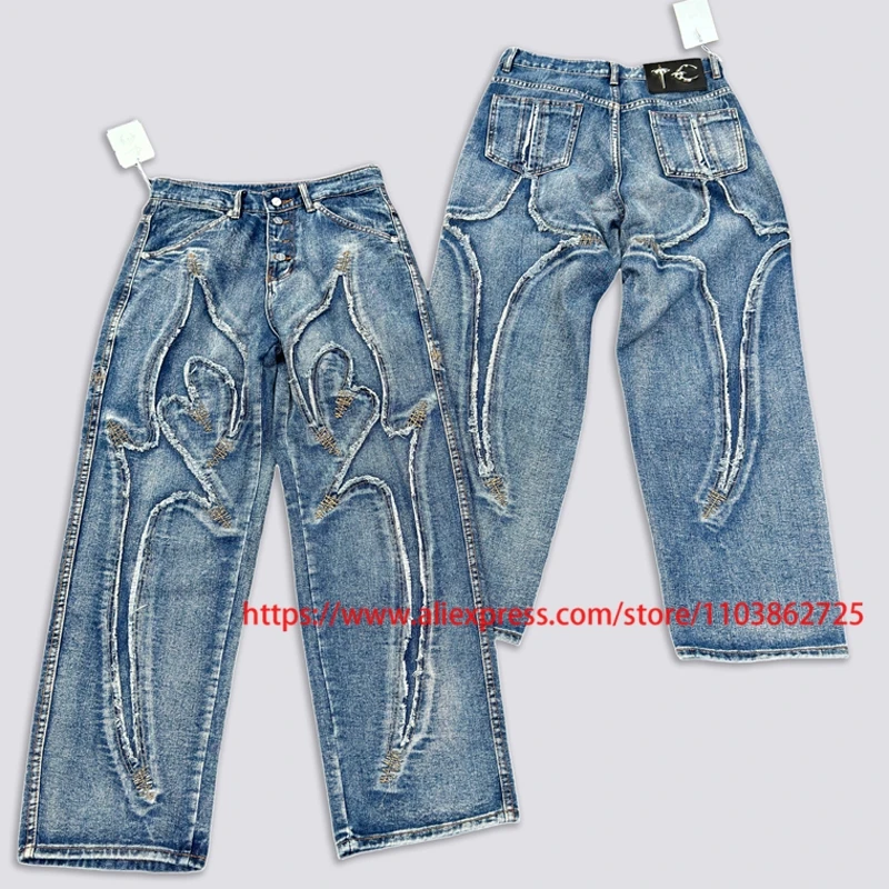 

High Street Trend Thug Club Jeans Men Mid-waist Loose Pant Scythe Pattern Embroidered Wash Drape Casual THUG CLUB Wide-leg Pant