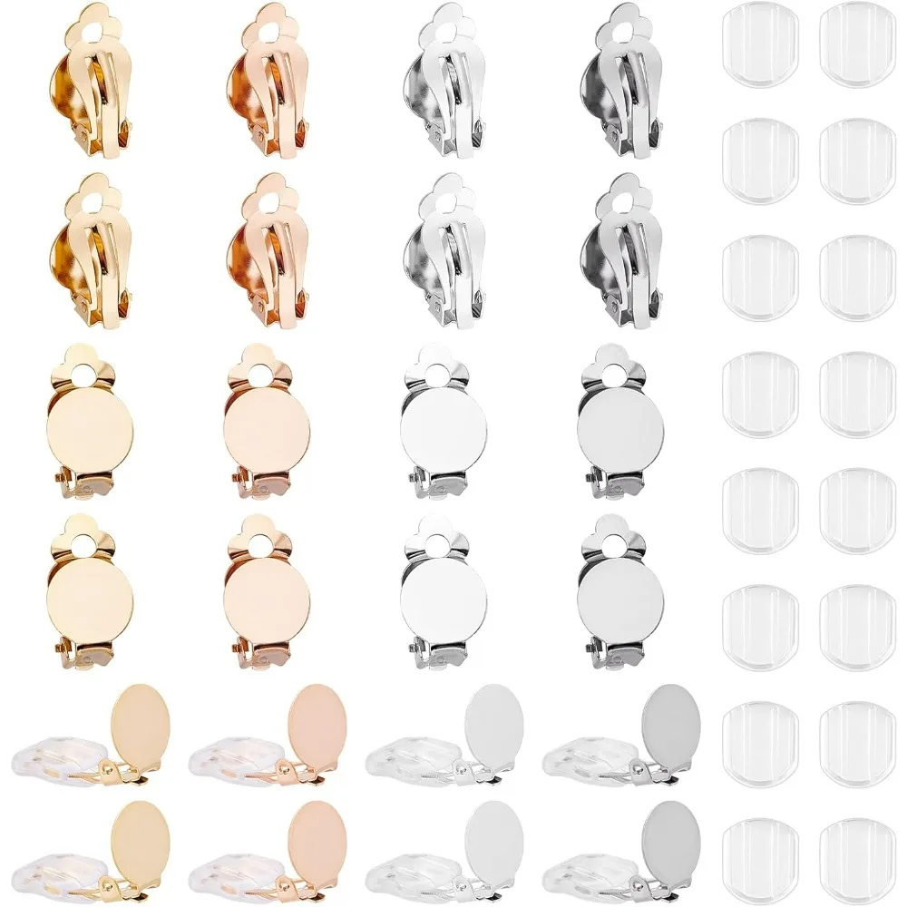 32pcs Earring Clip 4 Colors Clip-on Earring Converter Stainless Steel Round Flat Back Tray Earring Clips with 32pcs