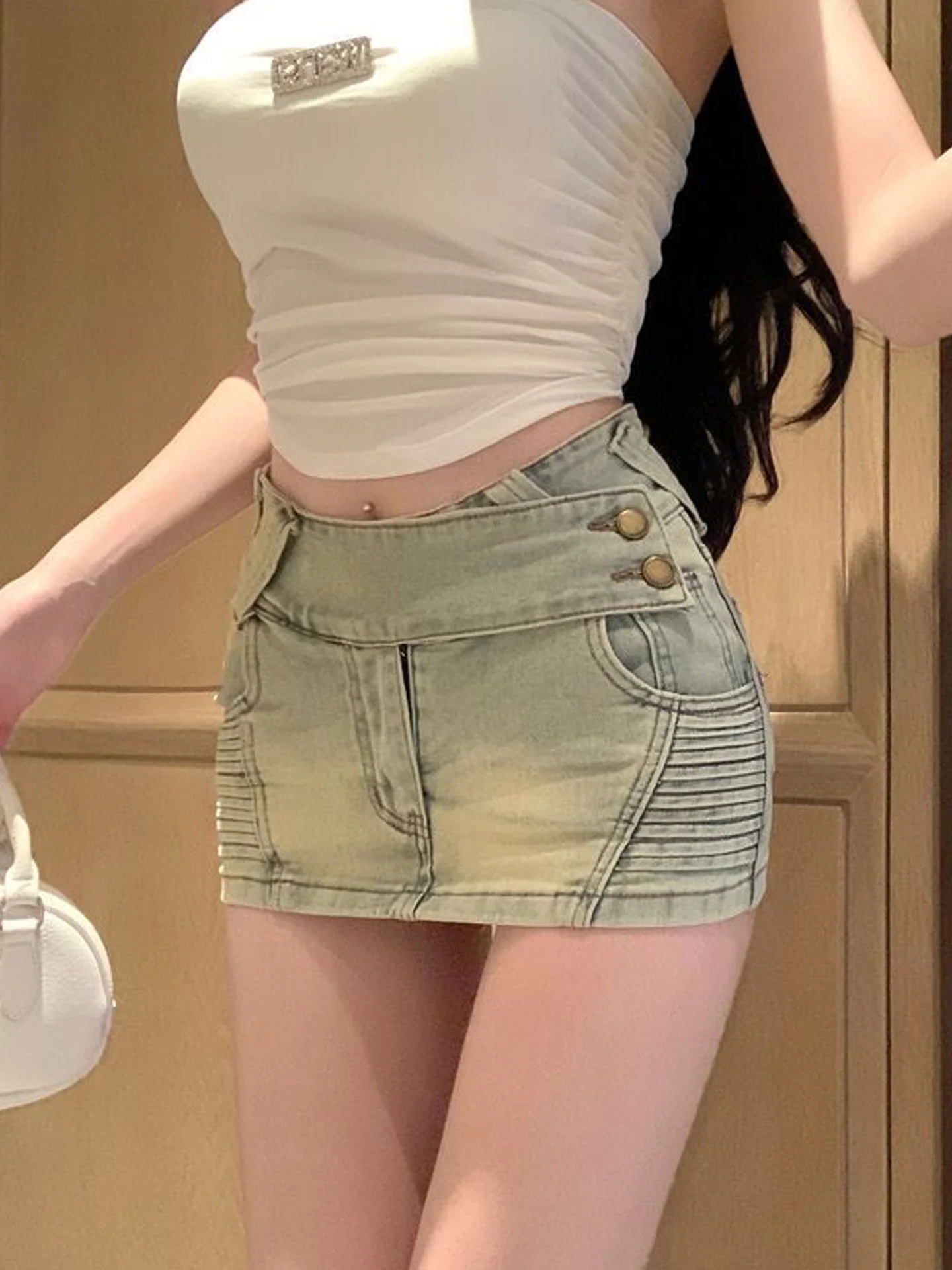 Sexy Trendy Short Denim Skirt Women's Autumn New Style Retro  Color Slim Fit  Skirts Elastic Anti Exposure