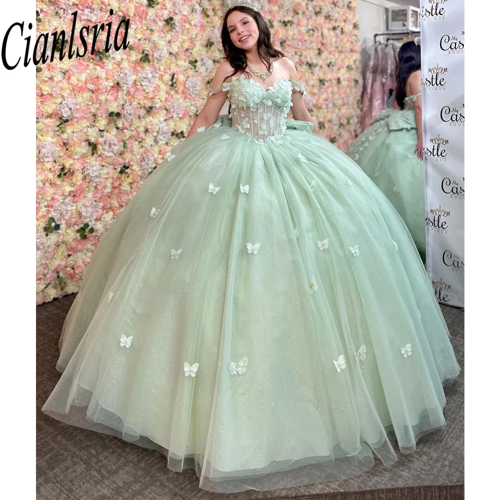 Vestido verde menta De princesa para quinceañera, traje De baile con hombros descubiertos, apliques dorados, corsé dulce, 15 Años