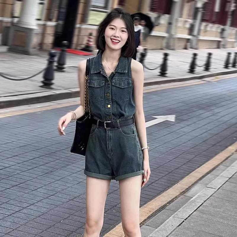 Overalls Fashion Denim Button Sleeveless Jumpsuit Lady Chic Single Breasted Solid High Waist Lapel Suit Summer Commute Outfit