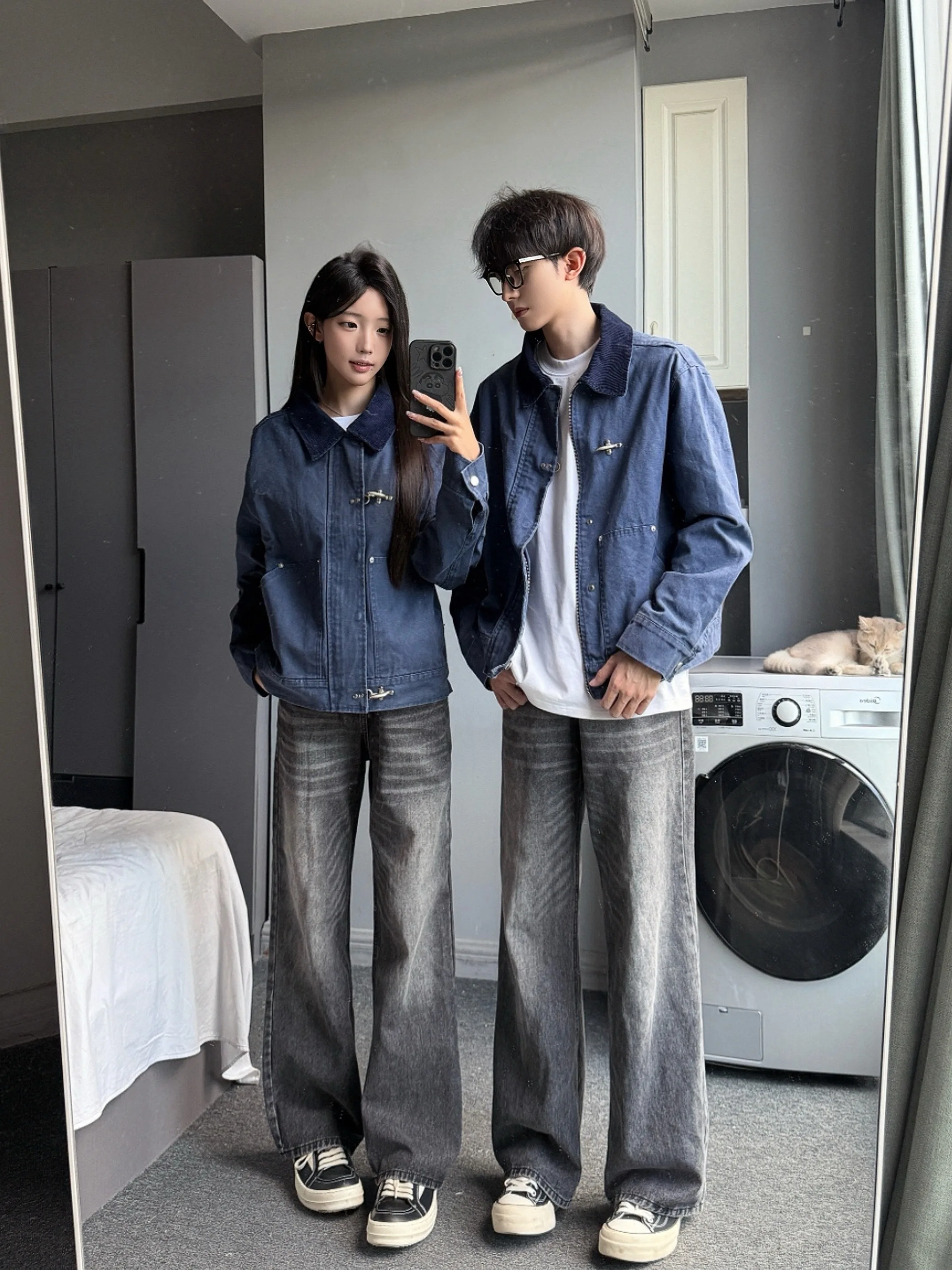 

Fall Faion ort Jaet Couple Outerwear Heavyweight Pearl Sails Airplane Bule Street Sle French Work Thiened Cotton ...