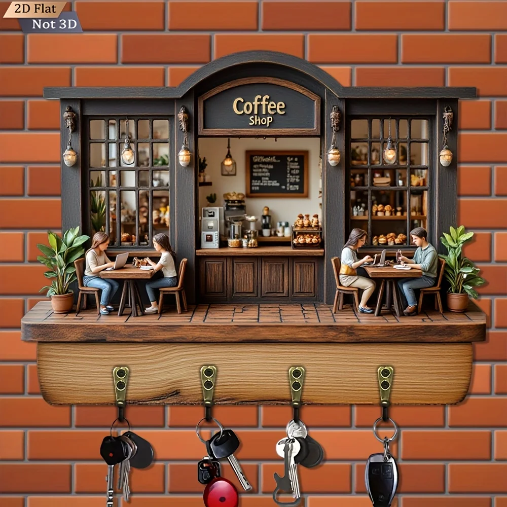 2D-Wanddekoration, 1 Stück, Retro-Kaffeehaus-Stil Schlüsselhaken, Multifunktionaler Holz-Schlüsselhalter für Zuhause, mit Vier Metallhaken