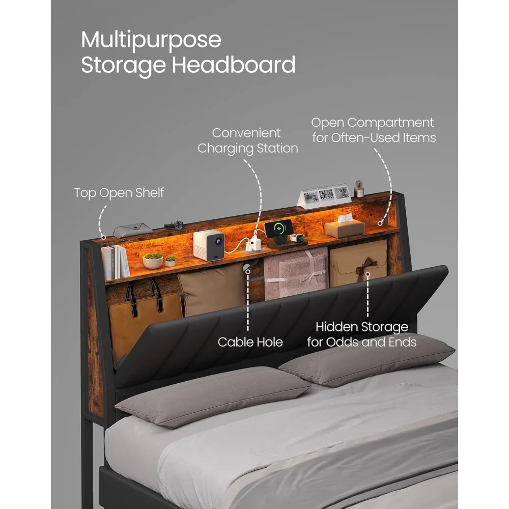 LED Bed Frame, Storage Headboard and Charging Station,Bed Frame with 2 AC Outlets,1 USB Port,1 Type-C Port,No Box Spring Needed