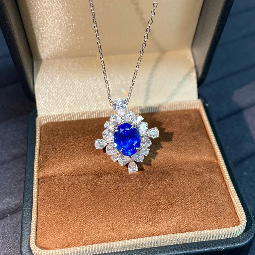 Women Lab Created Cobalt Spinel Pendant Necklace Pigeon Egg Shape Full Rhinestone Clavicle Chain PT950 Platinum / 18K Gold Niche