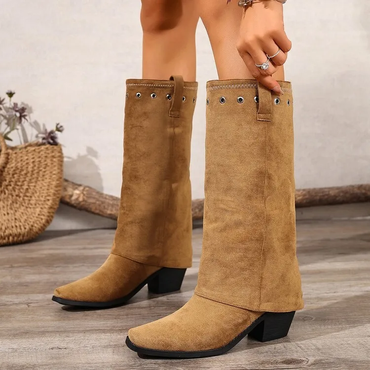 

Коричневые замшевые ботинки Melad на высоком каблуке с острым носком для женщин, осень-зима 2021, брючные ботинки в стиле вестерн