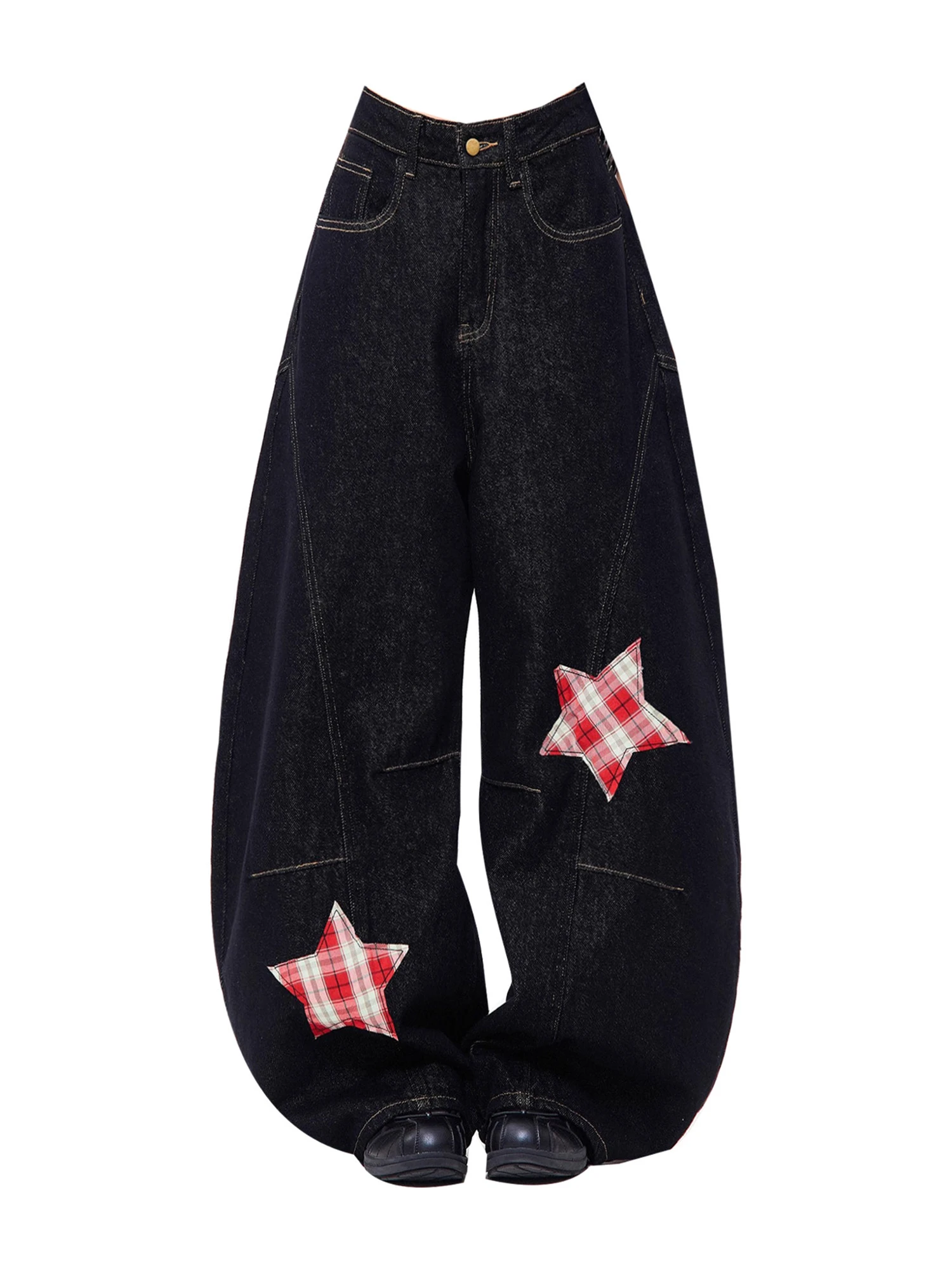 Women's Black Gothic Y2k Jeans Vintage Hiphop Grunge Jeans Pants Star Patchwork Baggy Straight Leg Denim Pants for Women Summer