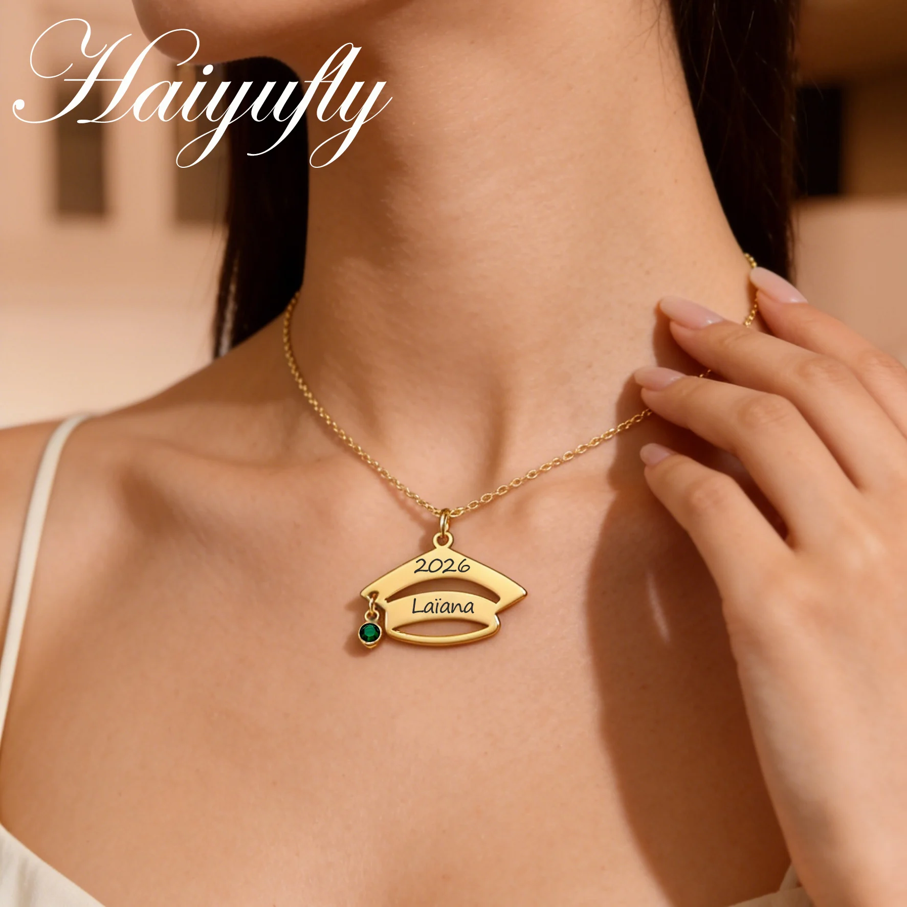 Haiyufly Personalized Engrave Name Necklace for Women Custom Bachelor Cap Birthstone Stainless Steel Jewelry Graduation Gift