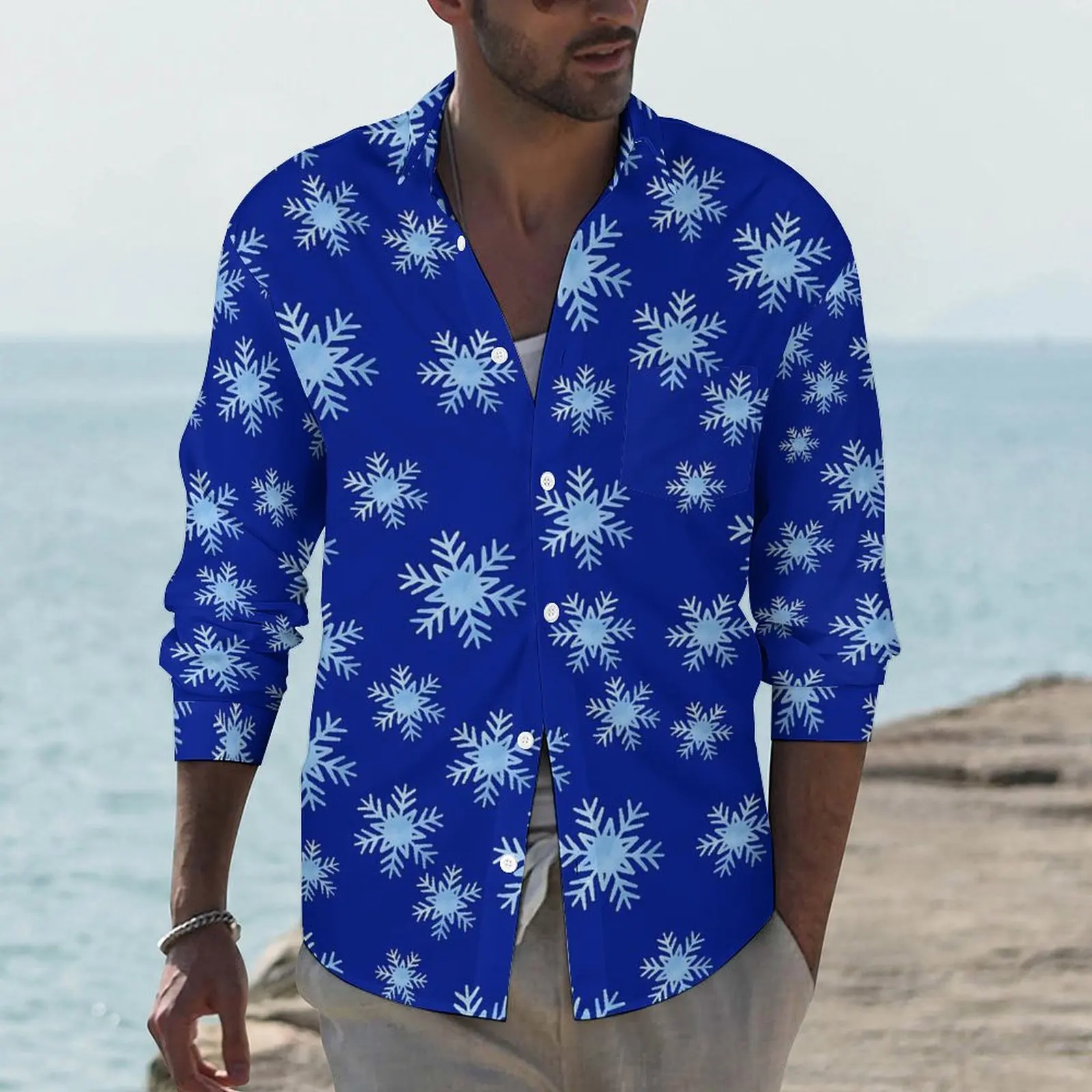 

Winter Snowflake Shirt Male Royal Blue Casual Shirts Spring Street Design Blouses Long Sleeve Fashion Oversized Clothing Gift