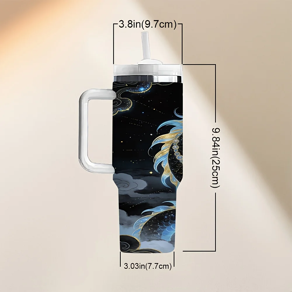 Starry Sky Blue And Golden Chinese Dragon with Cloud Print Insulated Travel Tumbler with Handle And Reusable Straw