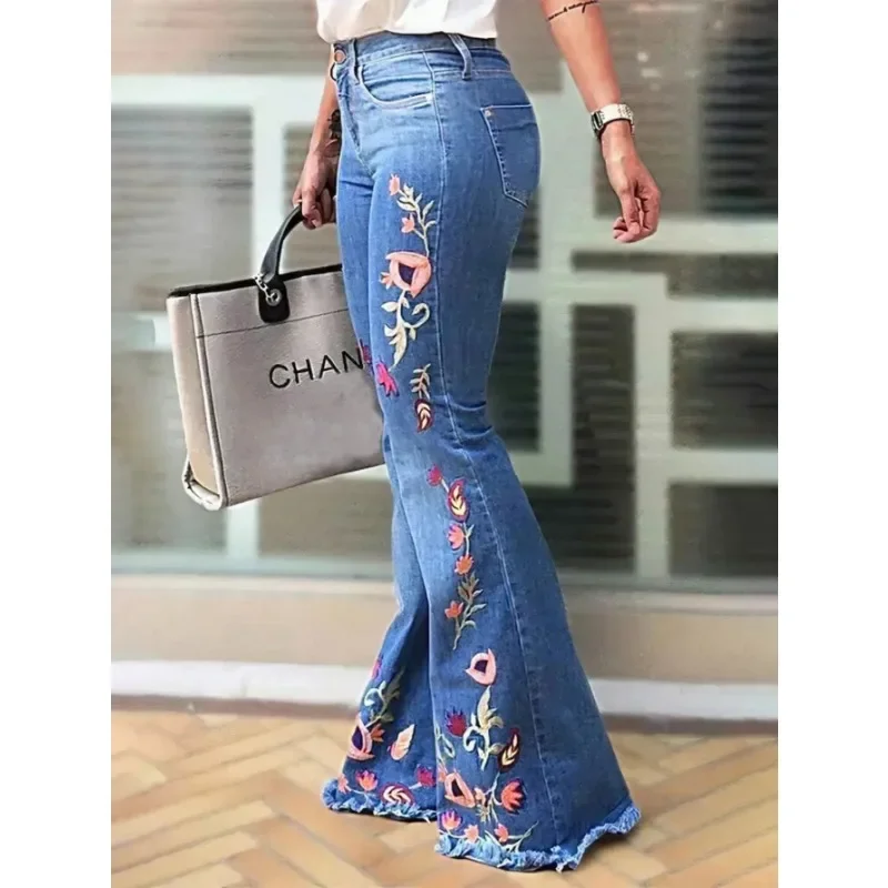 Jean évasé très extensible pour femme – Pantalon en jean à fond cloche avec détails brodés, pantalon confortable à taille élastique