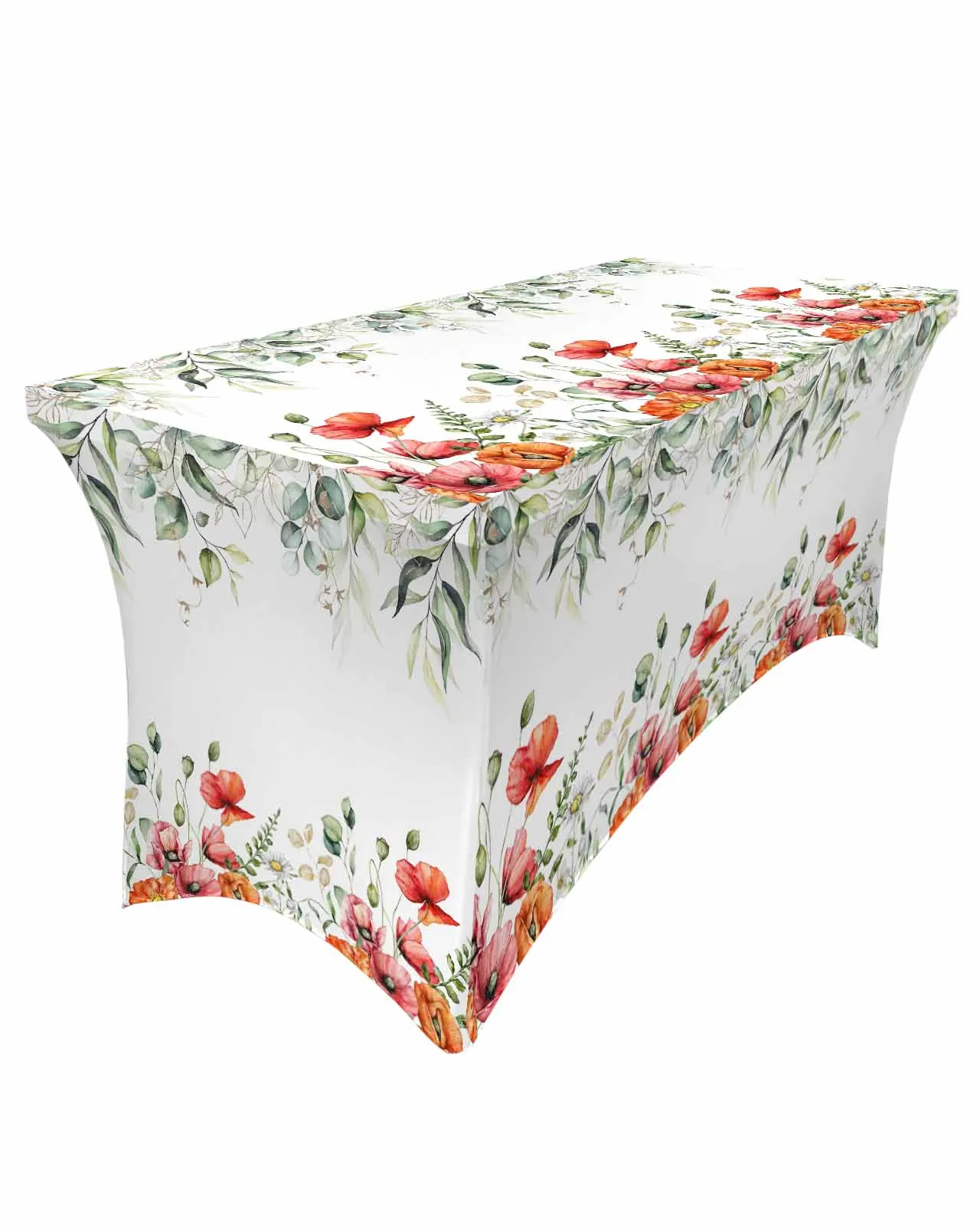 Spring Eucalyptus Poppy Flowers Rectangular Elastic Table Skirt Wedding Hotel Table Cover Holiday Dining Table Tablecloth