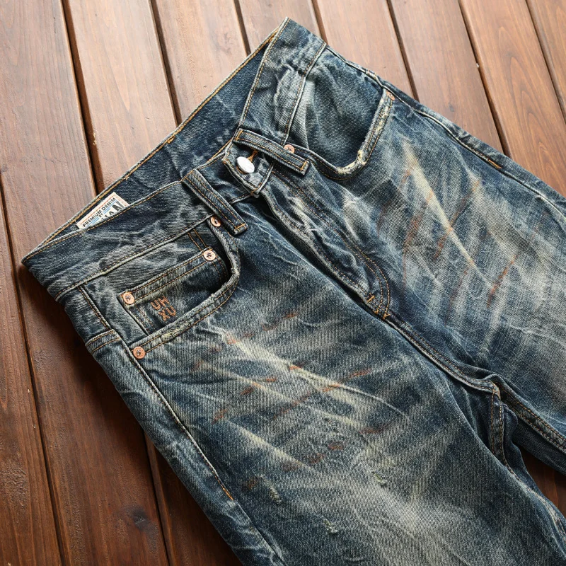 2026 NEW Heavy Scratched Denim Men's Vintage Trendy Street Retro High Quality Washed Nostalgic Long Pants