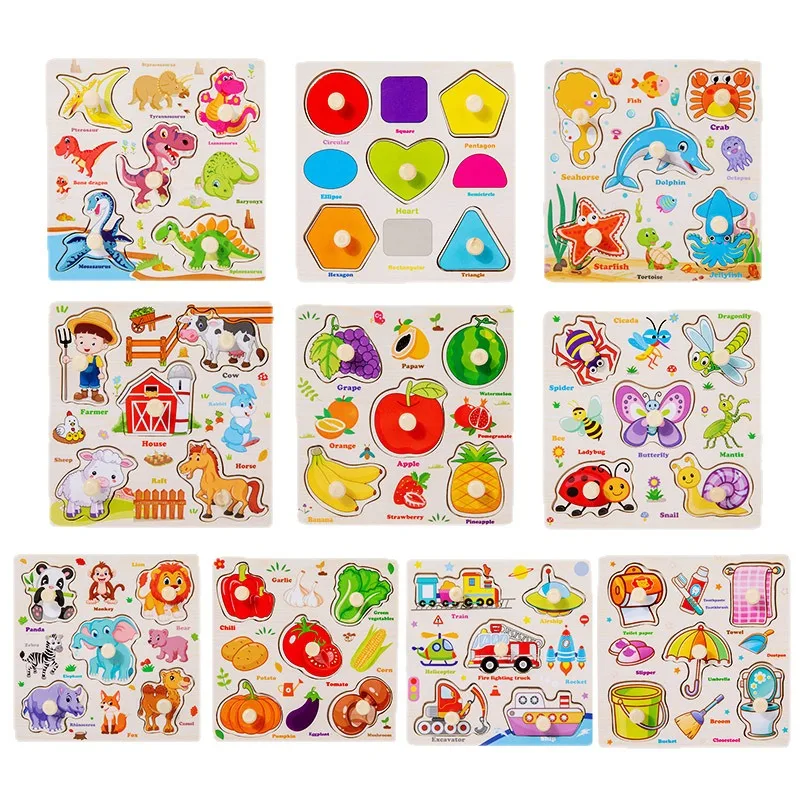 Montessori Wooden Puzzles for Children Animal Fruit Hand Grab Board Cognition Jigsaw Puzzle Game Learning Educational Toys