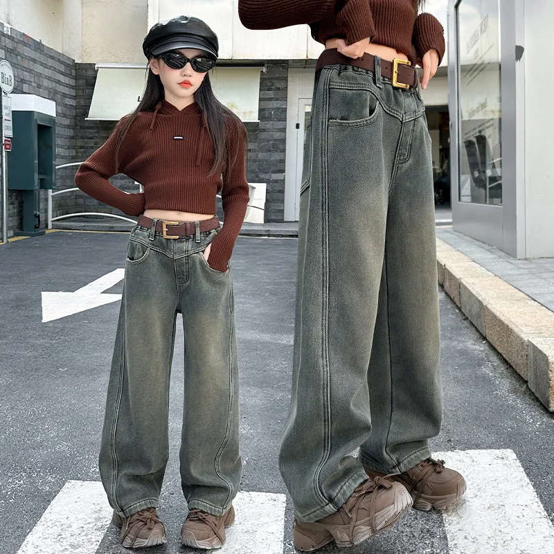 

Girls' Autumn and Winter Pants 2025 New Children's Loose and Fashionable Splicing Wide-leg Pants Trousers Floor-mopping Pants