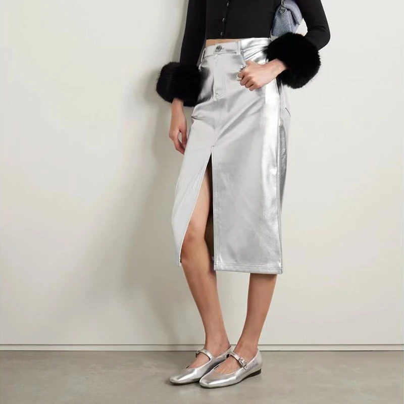 

Genuine Leather Skirt for Women 2024 New Fashion Split High Waist Metallic Silver Slim Package Hip Skirt Real Sheepskin Skirts