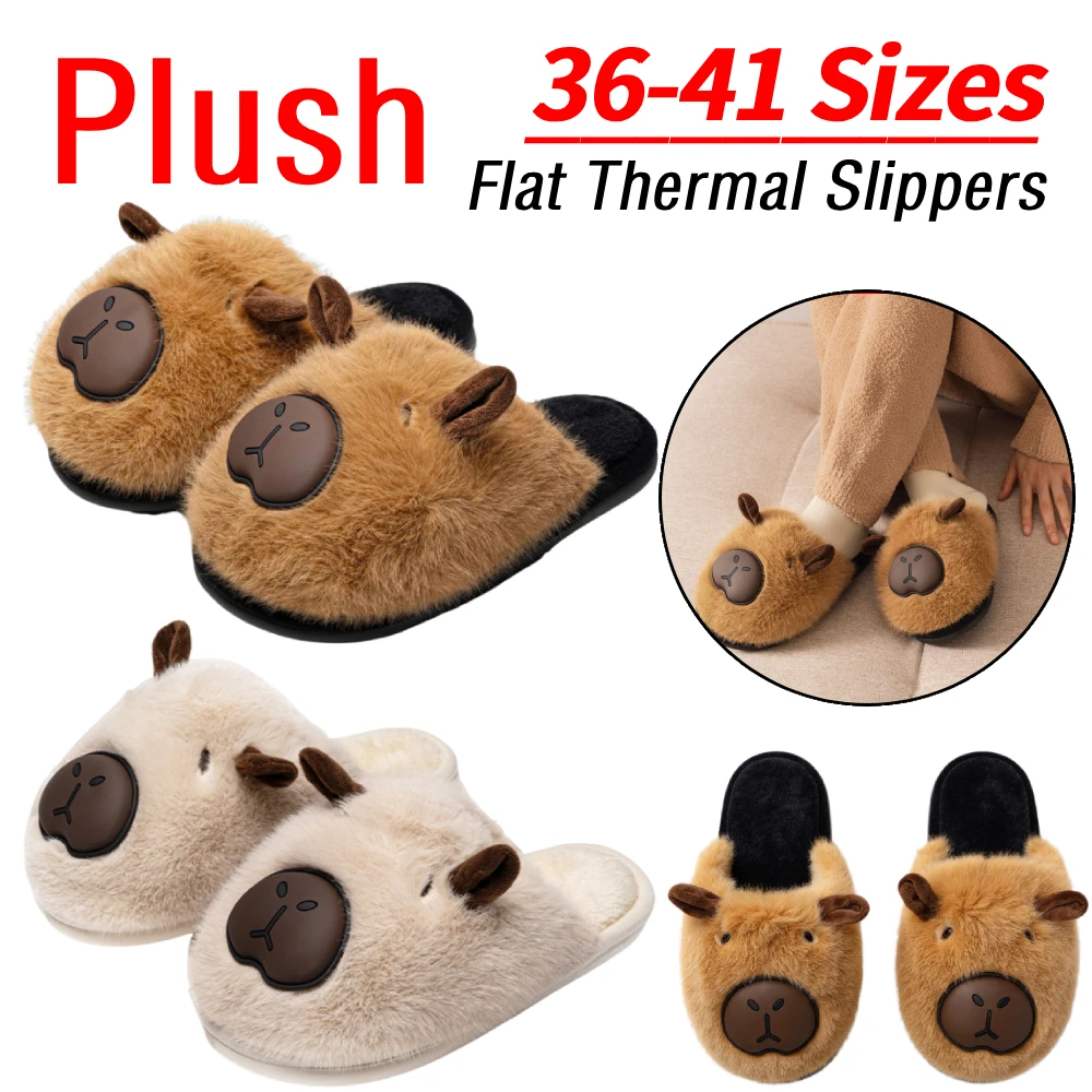 

36-41 размеров, термотапочки на плоской подошве с капибарой, противоскользящая теплая домашняя обувь без шнуровки, мягкие плюшевые тапочки с полузакрытием, подарок для друзей