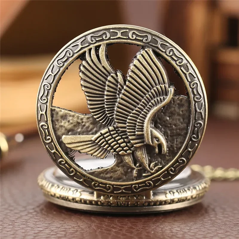 Antique Pocket Watch Hollow Out Eagle Hawk Wing Bronze Quartz Movement Necklace Chain Clock for Men Women Gift reloj