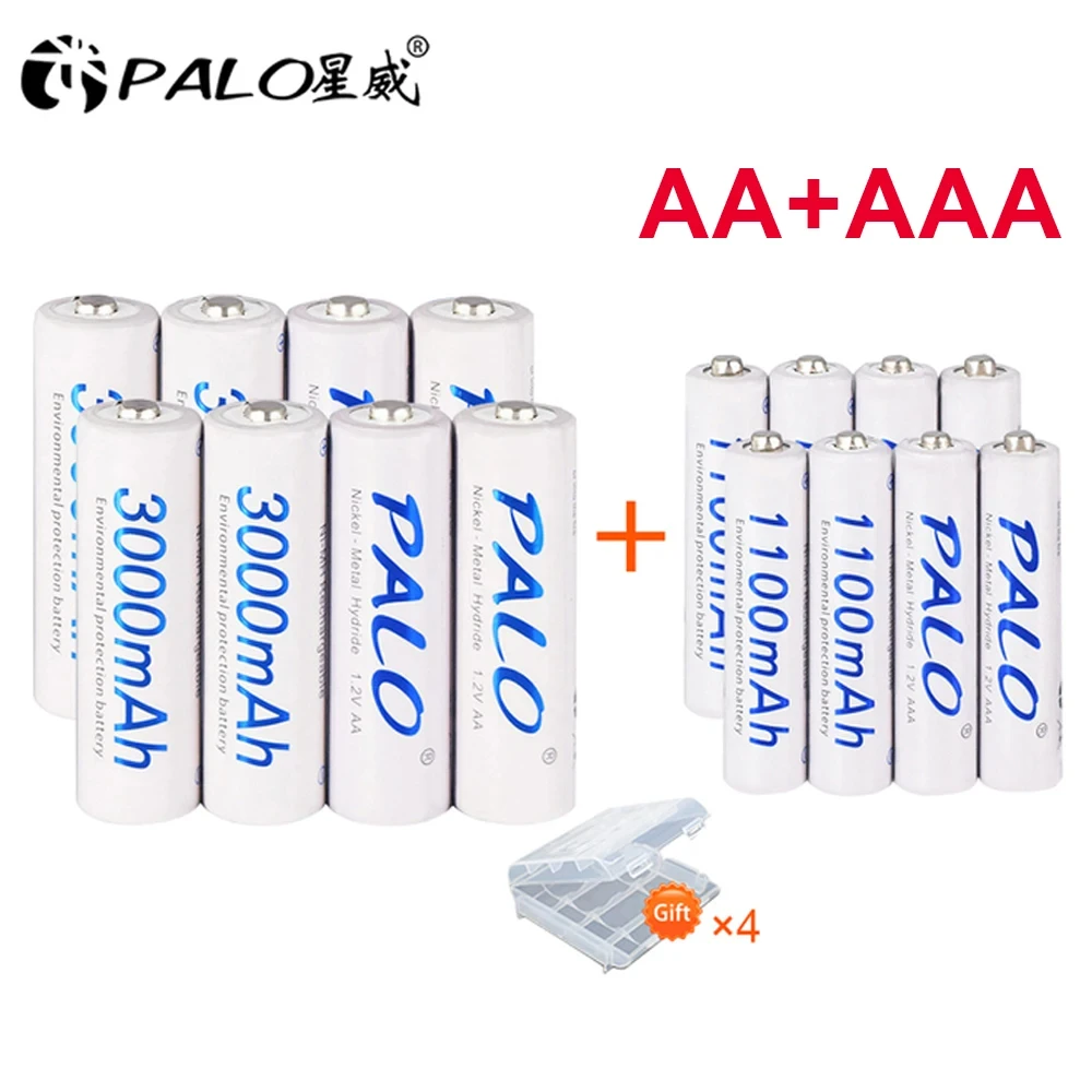 PALO 1.2V 3000mAh Akumulator AA + 1.2V 1100mAh Bateria AAA NI-MH NIMH AA AAA Baterie do aparatu Zabawka + Etui na baterie