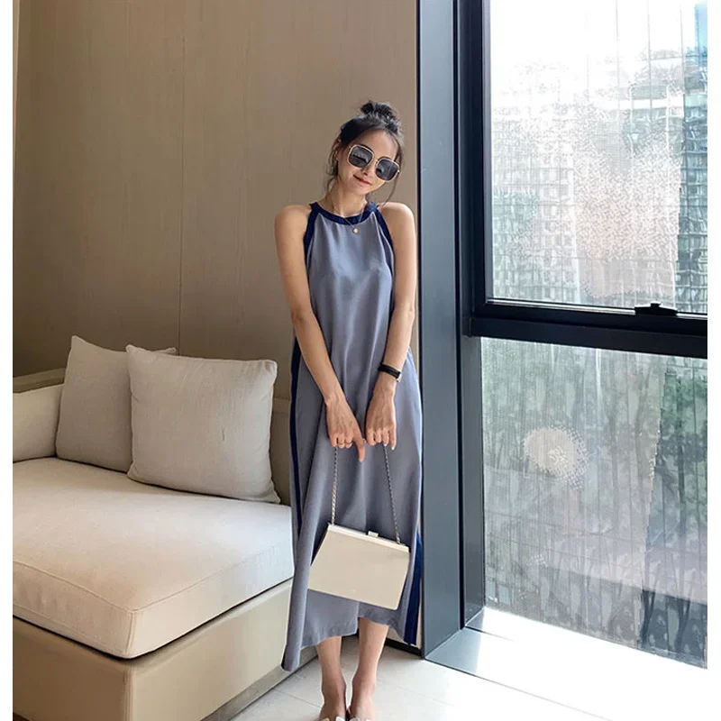 

Summer New Contrast Off Shoulder Sleeveless Dress Solid Color Loose Lacing All-match Dresses Elegant Women Clothing CY398