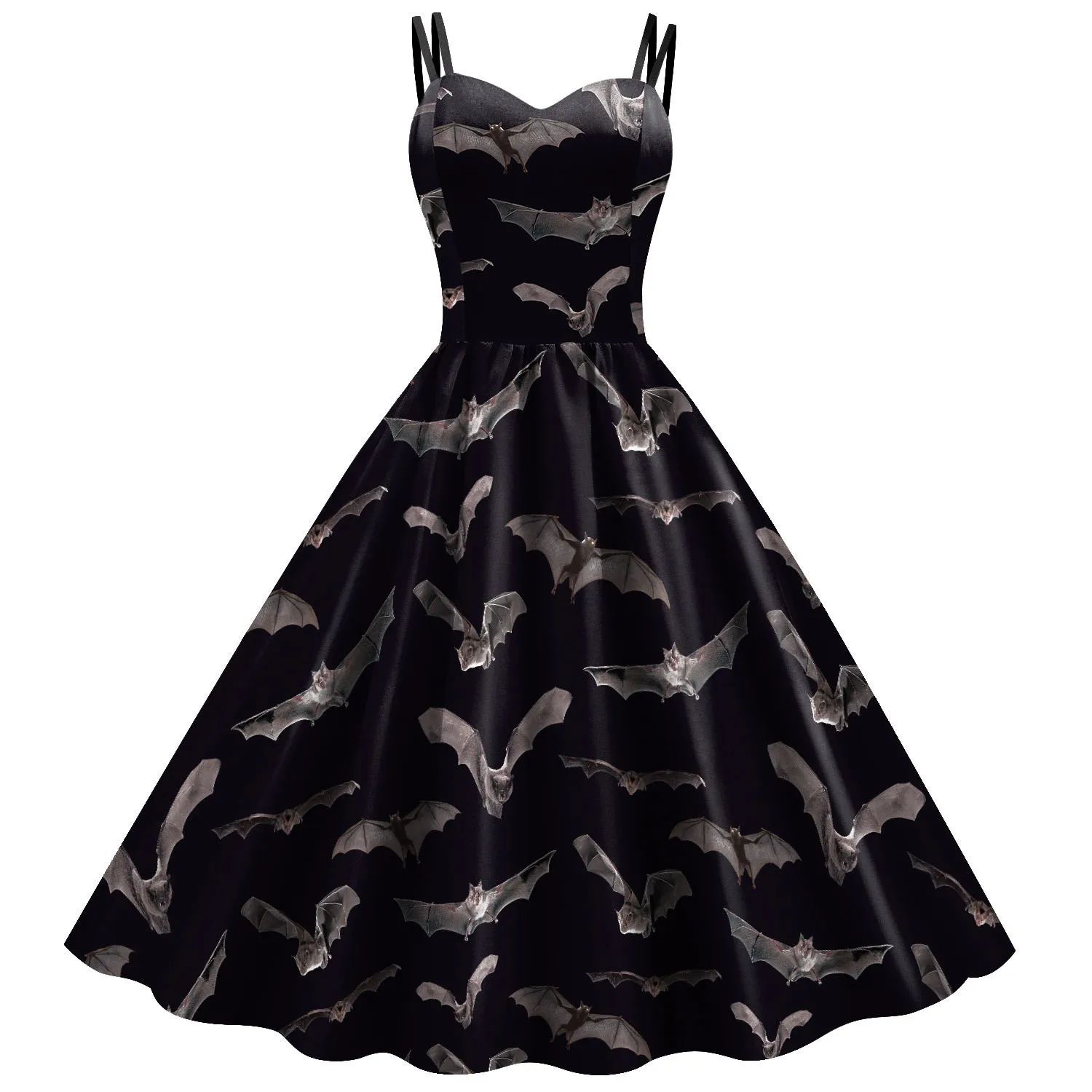 Retro Bat Skull Print Halloween Costumes for Women 1950s Straps Camisole Evening Party Prom Dress Elegant Gothic Swing Dress