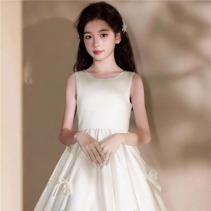 

White Children's Princess for Girls, Big Kids Piano Simple High-end Host Performance Outfit Daily Dress