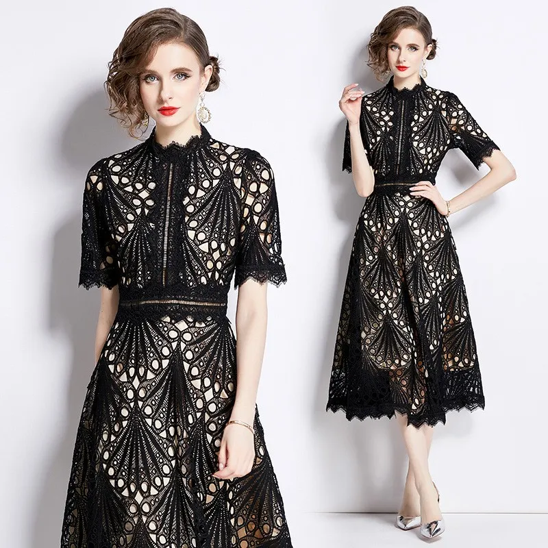 Ruffle Single Dress a Line Elegant with Short Sleeve Embroidery Slim Fit Mid Waist Openwork Maxi Length Women Summer Dress
