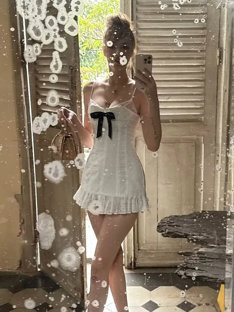 HH Abito Estivo da Donna 2026 Nuovo Stile Dolce con Fiocco e Pizzo, Mini Abito Senza Maniche Sexy con Schiena Scoperta